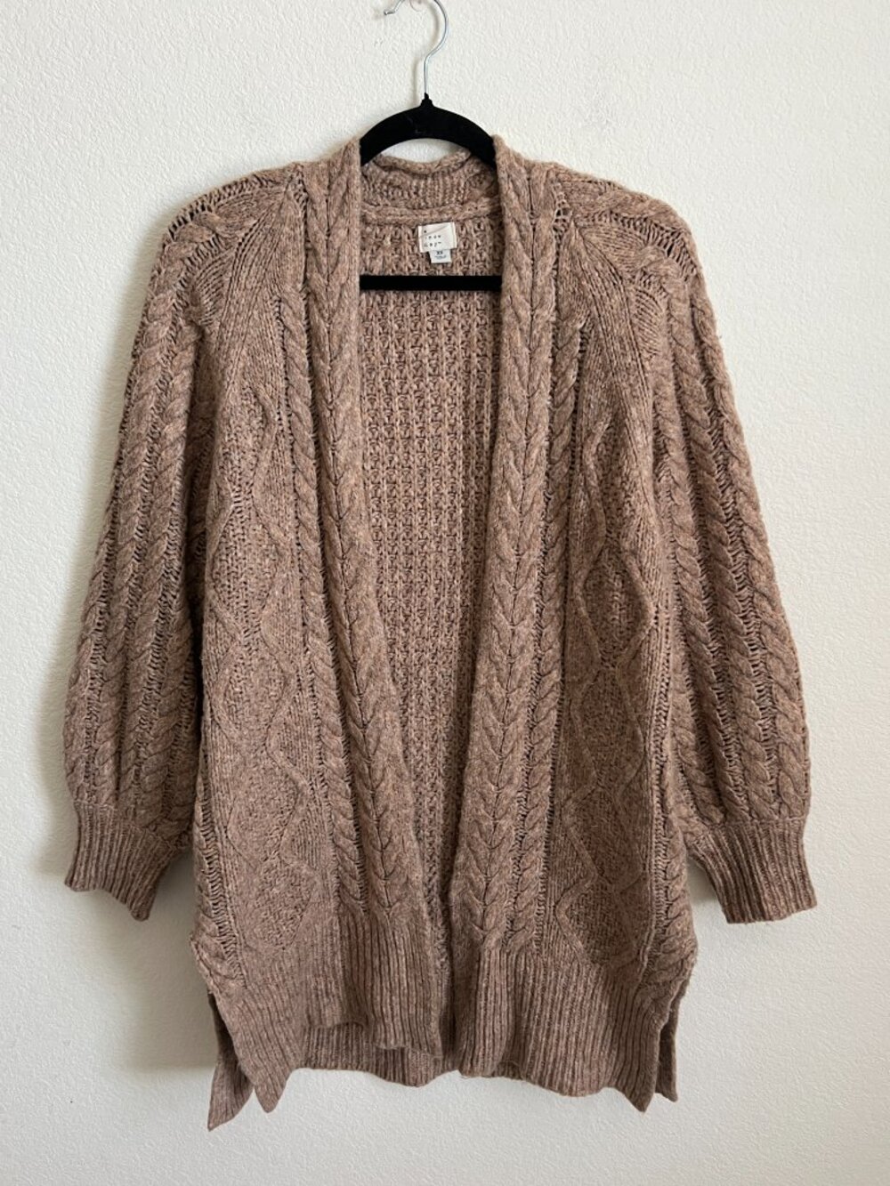 A New Day Taupe Brown Chunky Cable Knit Open Front Cardigan Sweater Sz XS